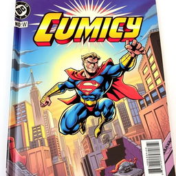 A dynamic and vibrant comic book cover featuring a superhero in action