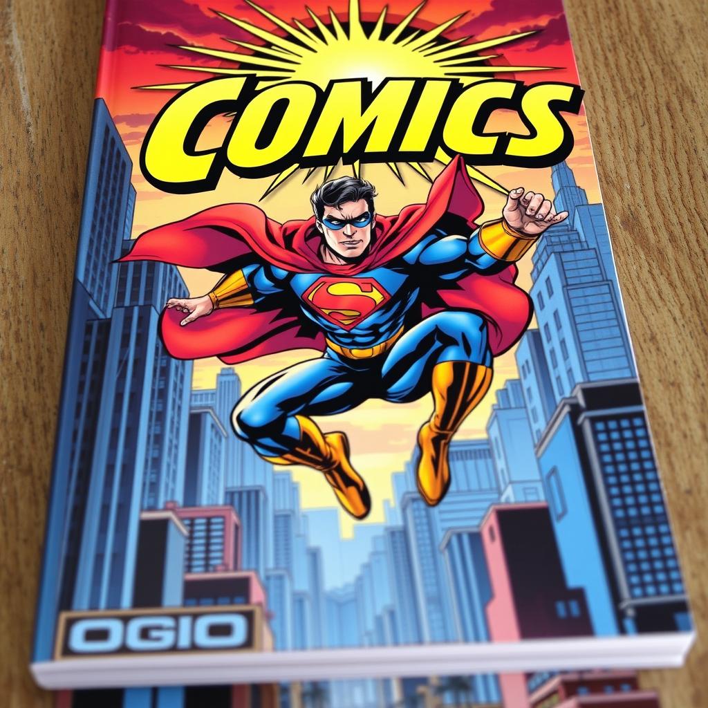 A dynamic and vibrant comic book cover featuring a superhero in action