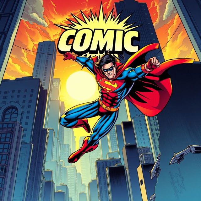 A dynamic and vibrant comic book cover featuring a superhero in action