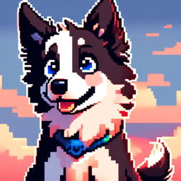 Pixel art PFP of a spirited Border Collie with a black and white coat, intelligent blue eyes, and an alert stance against a gradient countryside sunset background