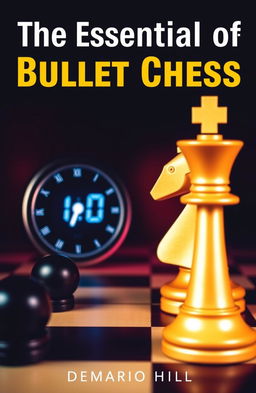 An eye-catching book cover for 'The Essentials of Bullet Chess' by DeMario Hill, featuring a dramatic chessboard that conveys the fast-paced, adrenaline-fueled nature of 1+0 bullet chess