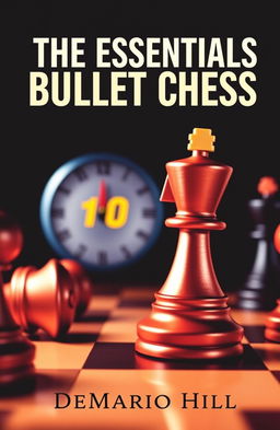 An eye-catching book cover for 'The Essentials of Bullet Chess' by DeMario Hill, featuring a dramatic chessboard that conveys the fast-paced, adrenaline-fueled nature of 1+0 bullet chess