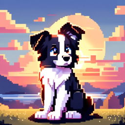 Pixel art PFP of a spirited Border Collie with a black and white coat, intelligent blue eyes, and an alert stance against a gradient countryside sunset background