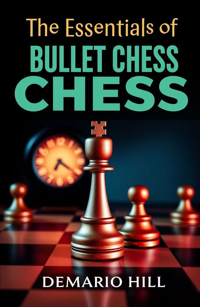 An eye-catching book cover for 'The Essentials of Bullet Chess' by DeMario Hill, featuring a dramatic chessboard that conveys the fast-paced, adrenaline-fueled nature of 1+0 bullet chess