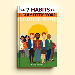 A visually engaging book cover design for 'The 7 Habits of Highly Effective People' featuring an illustration of a diverse group of individuals representing different professions and cultures, all standing side by side with confident expressions