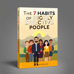 A visually engaging book cover design for 'The 7 Habits of Highly Effective People' featuring an illustration of a diverse group of individuals representing different professions and cultures, all standing side by side with confident expressions