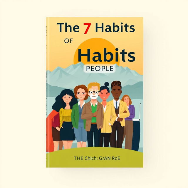 A visually engaging book cover design for 'The 7 Habits of Highly Effective People' featuring an illustration of a diverse group of individuals representing different professions and cultures, all standing side by side with confident expressions