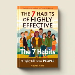A visually engaging book cover design for 'The 7 Habits of Highly Effective People' featuring an illustration of a diverse group of individuals representing different professions and cultures, all standing side by side with confident expressions