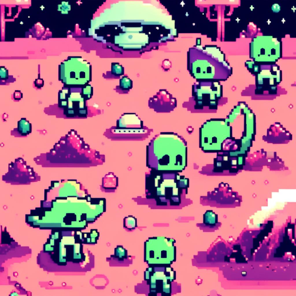 Pixel art profile picture featuring aliens in a cosmic space scene with a star-studded backdrop.