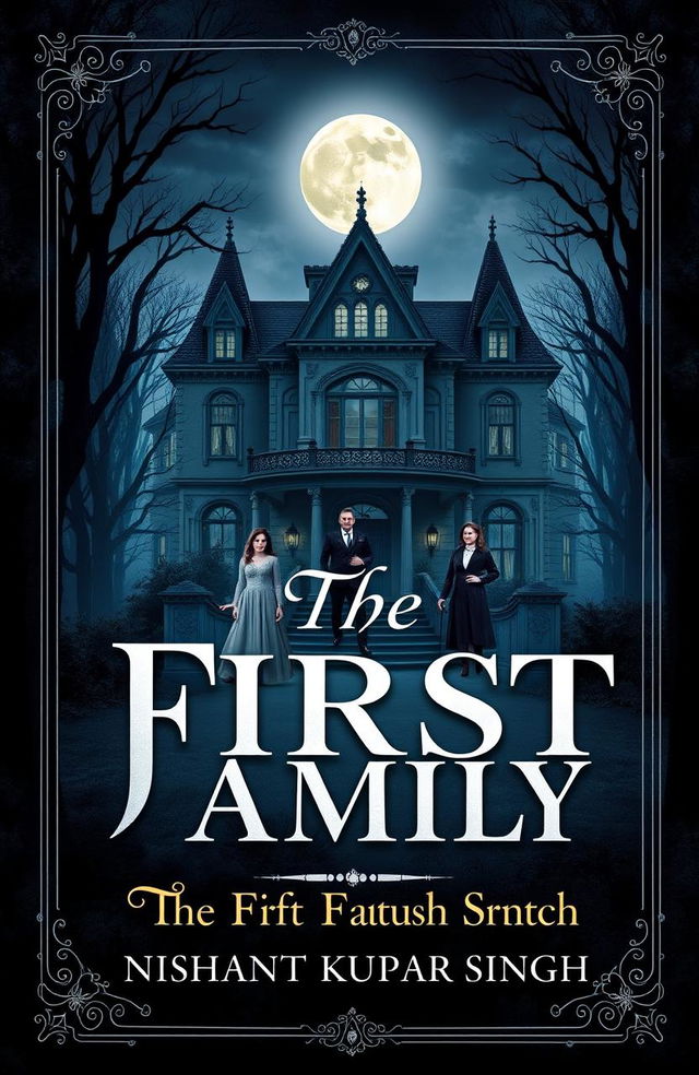 A captivating book cover design featuring a mysterious family in a grand, Victorian mansion