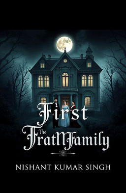 A captivating book cover design featuring a mysterious family in a grand, Victorian mansion