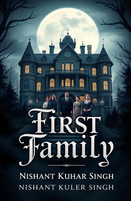 A captivating book cover design featuring a mysterious family in a grand, Victorian mansion