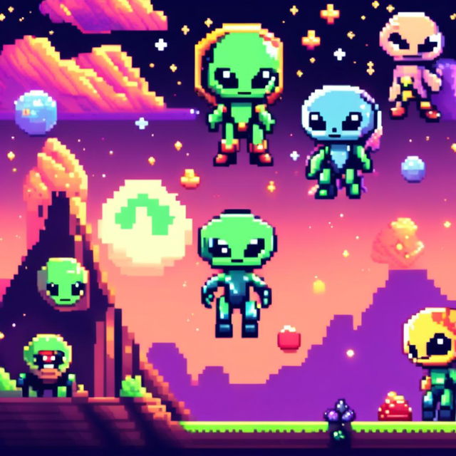 Pixel art profile picture featuring aliens in a cosmic space scene with a star-studded backdrop.