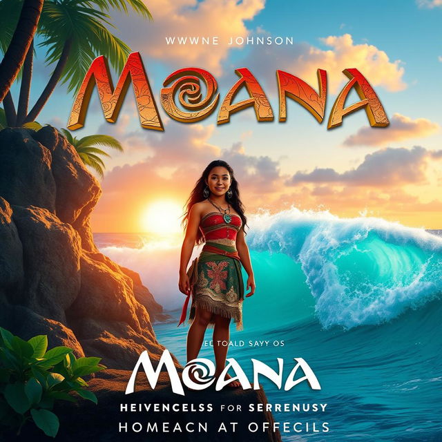 A captivating poster for the 2025 live-action film "Moana", depicting Moana as a brave young woman standing on the edge of a beautiful beach, with vibrant turquoise ocean waves crashing in the background