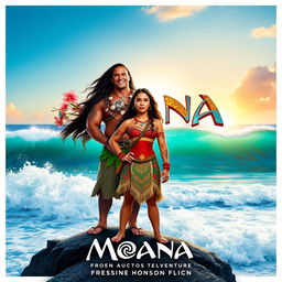 A captivating poster for the 2025 live-action film "Moana", depicting Moana as a brave young woman standing on the edge of a beautiful beach, with vibrant turquoise ocean waves crashing in the background