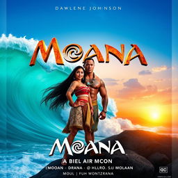 A captivating poster for the 2025 live-action film "Moana", depicting Moana as a brave young woman standing on the edge of a beautiful beach, with vibrant turquoise ocean waves crashing in the background