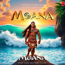 A captivating poster for the 2025 live-action film "Moana", depicting Moana as a brave young woman standing on the edge of a beautiful beach, with vibrant turquoise ocean waves crashing in the background