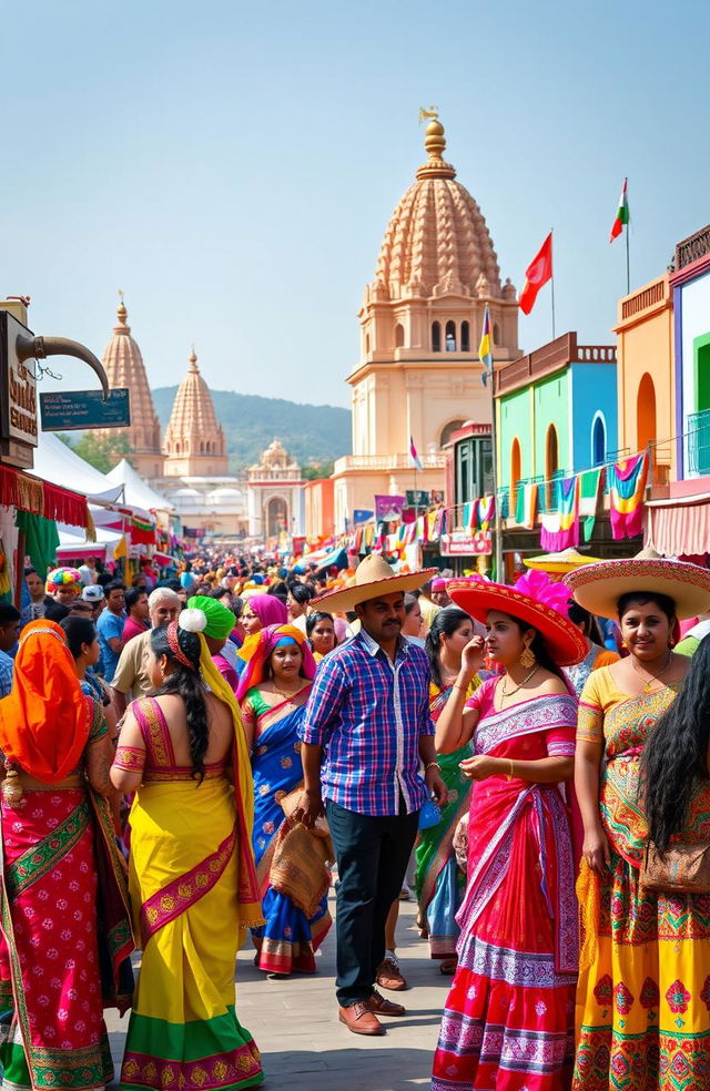 A vibrant and colorful scene showcasing the cultural fusion of Latin America and India