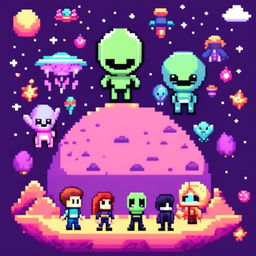 Pixel art profile picture featuring aliens in a cosmic space scene with a star-studded backdrop.