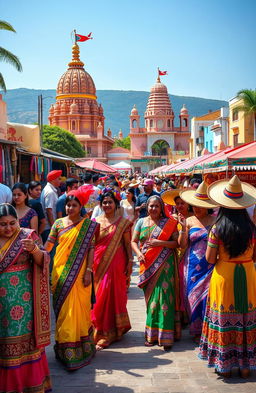 A vibrant and colorful scene showcasing the cultural fusion of Latin America and India