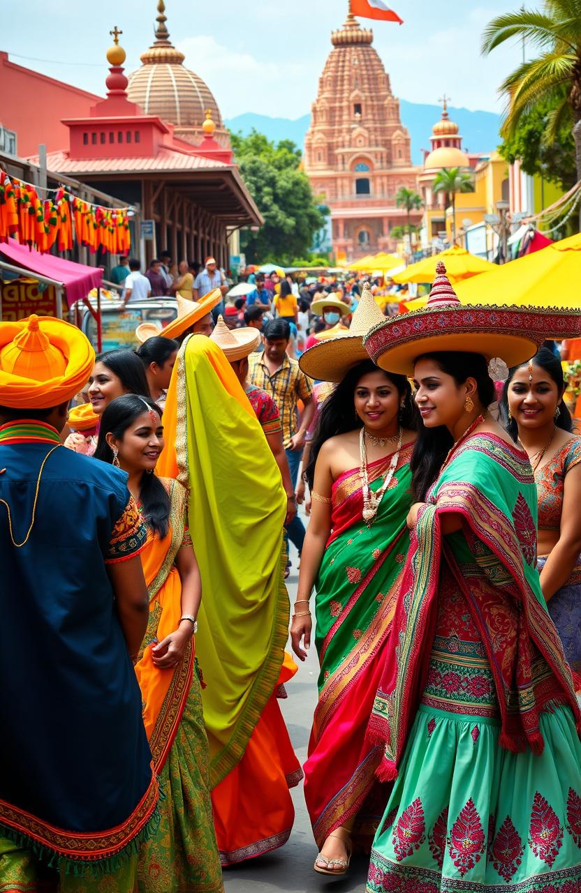 A vibrant and colorful scene showcasing the cultural fusion of Latin America and India