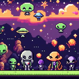 Pixel art profile picture featuring aliens in a cosmic space scene with a star-studded backdrop.