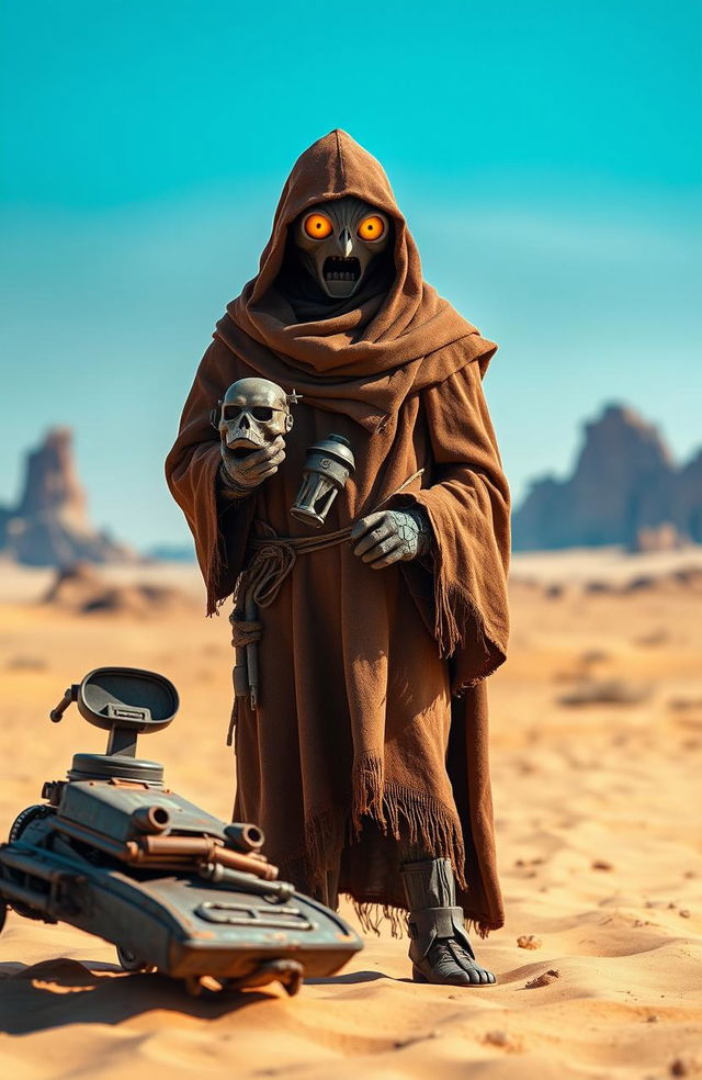 A majestic Jawa from the Star Wars universe standing in a desert landscape, wearing its iconic brown robe with glowing yellow eyes