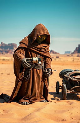 A majestic Jawa from the Star Wars universe standing in a desert landscape, wearing its iconic brown robe with glowing yellow eyes