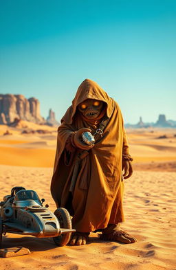 A majestic Jawa from the Star Wars universe standing in a desert landscape, wearing its iconic brown robe with glowing yellow eyes