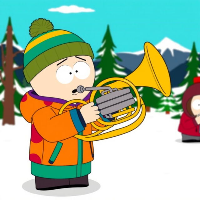 A cartoonish scene inspired by South Park, featuring a character playing a French horn