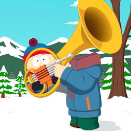 A cartoonish scene inspired by South Park, featuring a character playing a French horn