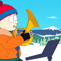 A cartoonish scene inspired by South Park, featuring a character playing a French horn