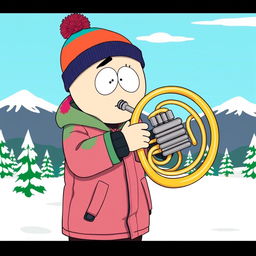 A cartoonish scene inspired by South Park, featuring a character playing a French horn