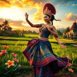 A stunning and vibrant depiction of Javanese culture, showcasing a traditional dancer in an elaborate batik costume, adorned with intricate gold jewelry, performing gracefully against a backdrop of lush rice paddies and beautiful tropical flowers