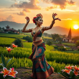 A stunning and vibrant depiction of Javanese culture, showcasing a traditional dancer in an elaborate batik costume, adorned with intricate gold jewelry, performing gracefully against a backdrop of lush rice paddies and beautiful tropical flowers