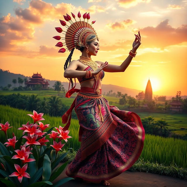 A stunning and vibrant depiction of Javanese culture, showcasing a traditional dancer in an elaborate batik costume, adorned with intricate gold jewelry, performing gracefully against a backdrop of lush rice paddies and beautiful tropical flowers