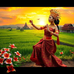 A stunning and vibrant depiction of Javanese culture, showcasing a traditional dancer in an elaborate batik costume, adorned with intricate gold jewelry, performing gracefully against a backdrop of lush rice paddies and beautiful tropical flowers