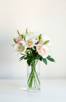 A minimalist and elegant still life composition featuring an arrangement of white lilies and soft pastel roses in a modern glass vase