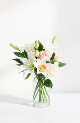 A minimalist and elegant still life composition featuring an arrangement of white lilies and soft pastel roses in a modern glass vase