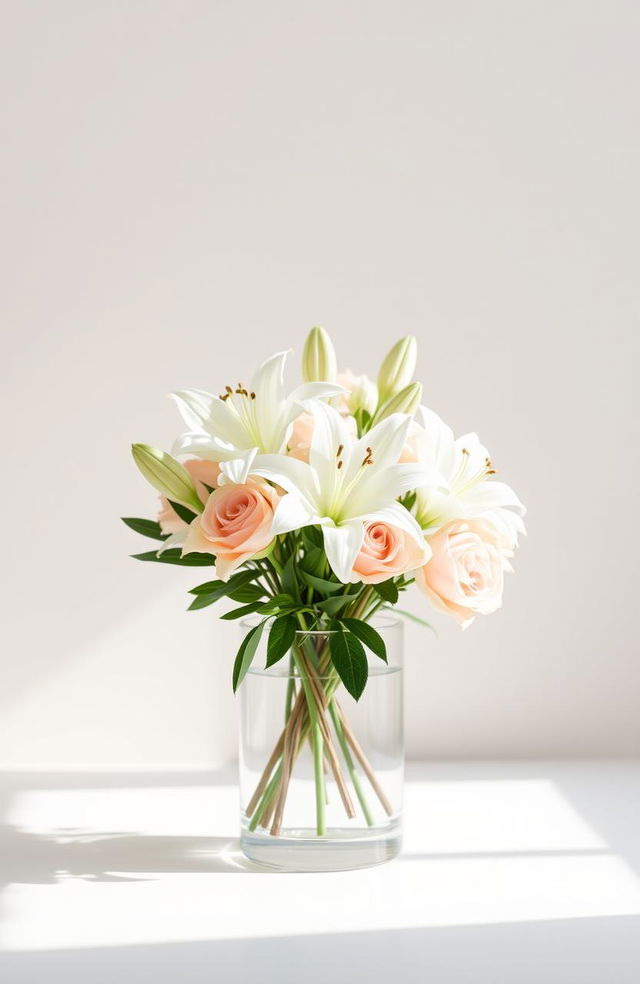 A minimalist and elegant still life composition featuring an arrangement of white lilies and soft pastel roses in a modern glass vase