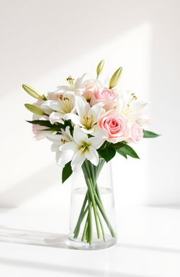 A minimalist and elegant still life composition featuring an arrangement of white lilies and soft pastel roses in a modern glass vase