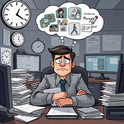 An illustration of a project manager in a high-pressure office environment, surrounded by stacks of paperwork, a clock indicating tight deadlines, and multiple screens displaying urgent tasks and meeting schedules