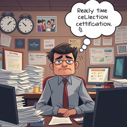 An illustration of a project manager in a high-pressure office environment, surrounded by stacks of paperwork, a clock indicating tight deadlines, and multiple screens displaying urgent tasks and meeting schedules