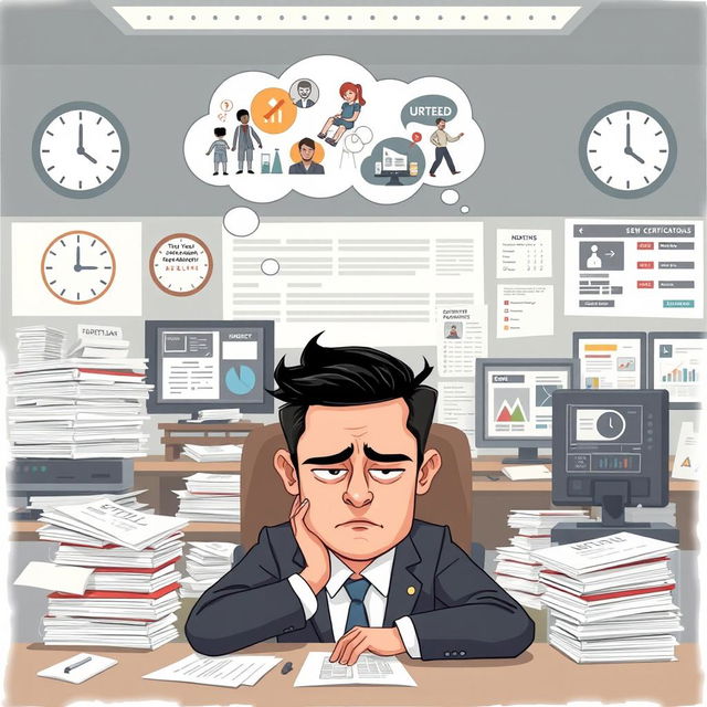 An illustration of a project manager in a high-pressure office environment, surrounded by stacks of paperwork, a clock indicating tight deadlines, and multiple screens displaying urgent tasks and meeting schedules