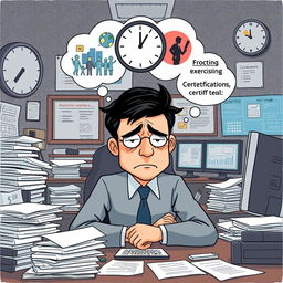 An illustration of a project manager in a high-pressure office environment, surrounded by stacks of paperwork, a clock indicating tight deadlines, and multiple screens displaying urgent tasks and meeting schedules