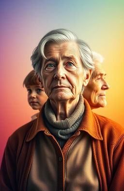 A portrait of a person illustrating the passage of time, featuring multiple stages of their life from childhood to old age