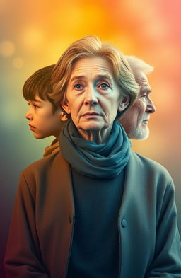 A portrait of a person illustrating the passage of time, featuring multiple stages of their life from childhood to old age
