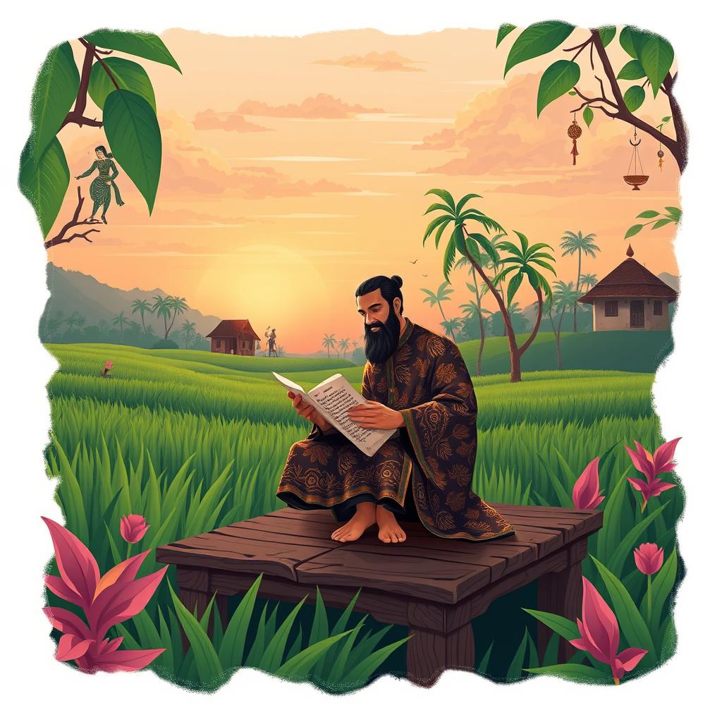 A beautifully illustrated scene depicting Javanese poetry in a serene setting, with a traditional Javanese poet dressed in a classic batik outfit, surrounded by lush green rice fields and vibrant tropical plants