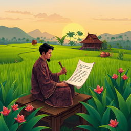 A beautifully illustrated scene depicting Javanese poetry in a serene setting, with a traditional Javanese poet dressed in a classic batik outfit, surrounded by lush green rice fields and vibrant tropical plants