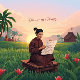 A beautifully illustrated scene depicting Javanese poetry in a serene setting, with a traditional Javanese poet dressed in a classic batik outfit, surrounded by lush green rice fields and vibrant tropical plants
